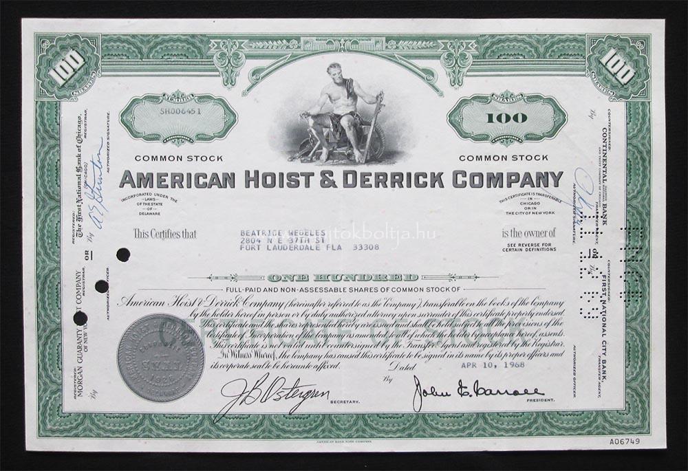 American Hoist & Derrick Company 100 részvény 1968